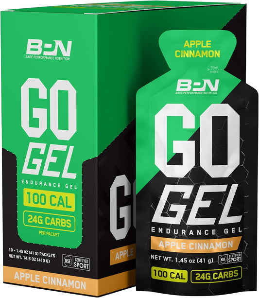 , BPN Go Gel Endurance, 24G of Carbohydrates & 100 Calories per Pack, Vegan + Gluten Free Running Gel, 10 Single-Serving Packs, Apple Cinnamon